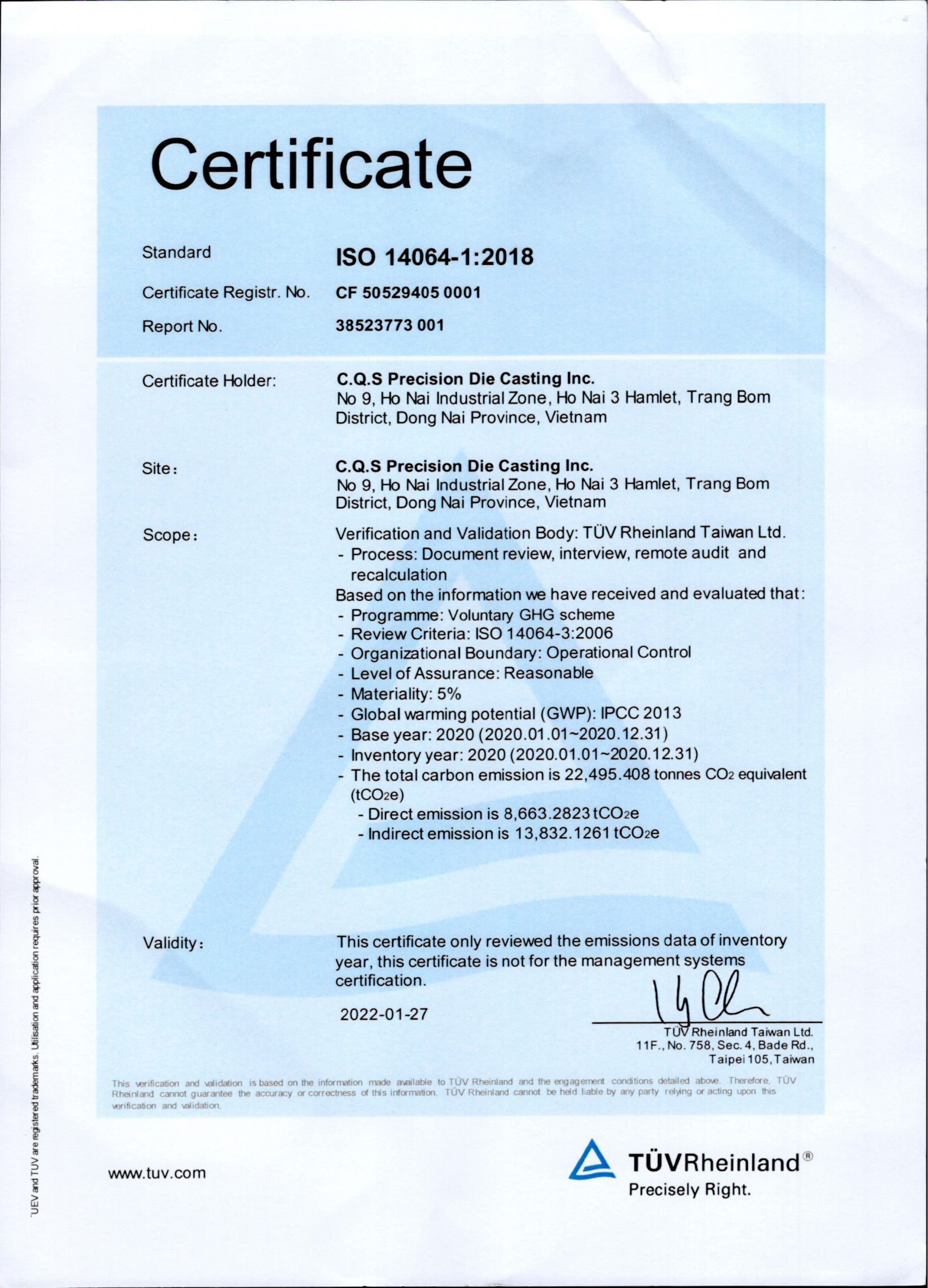 Certificate ISO-14064-1 2018 (Certified on 2022.01.27)