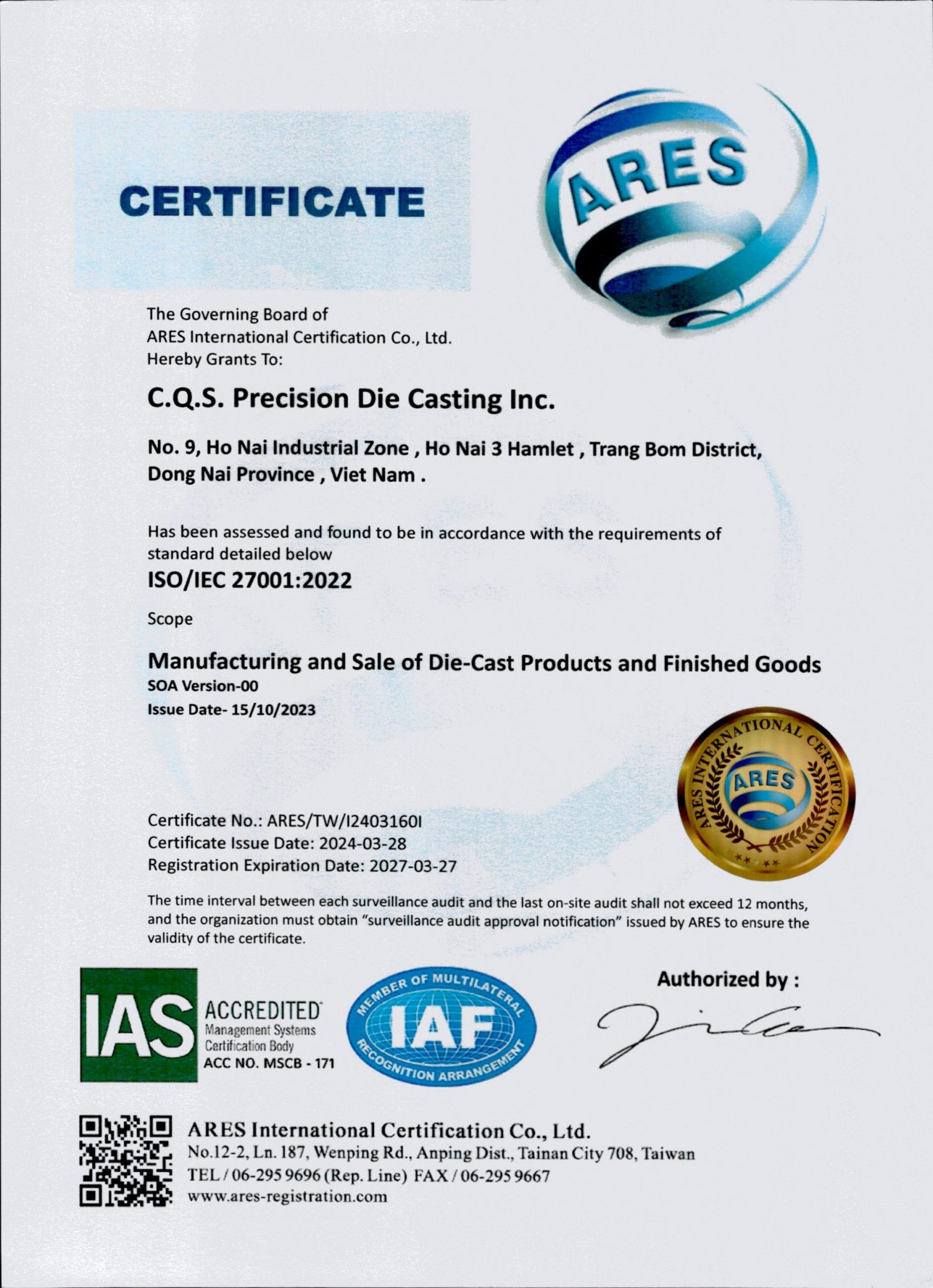 CQS COMPANY RECEIVED ISO/IEC 27001:2022 CERTIFICATE